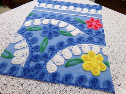 Colorful Blue Vtg Chenille Bedspread Fabric 19x24" Pc Floral Sewing Material