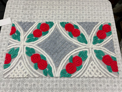 Red Rose Vintage Chenille Fabric, Dove Grey & White 15x28" Craft Piece