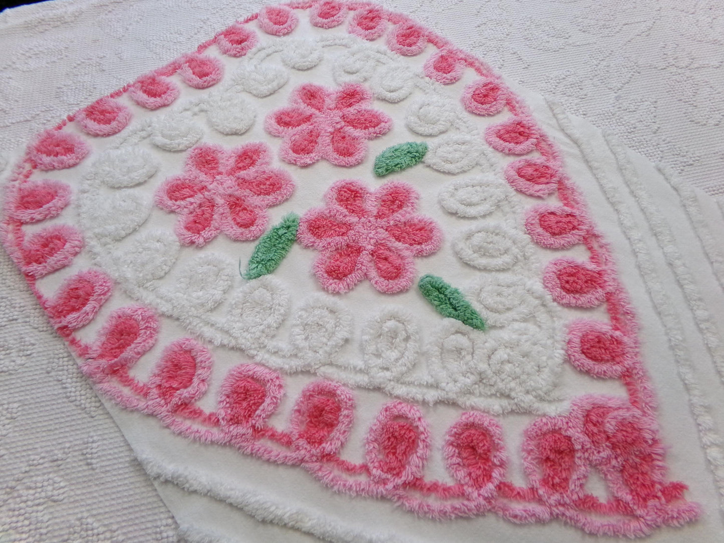 big pink heart vintage chenille fabric, popular floral center pattern, 16" x 26" piece of sewing material for quilting, crafts