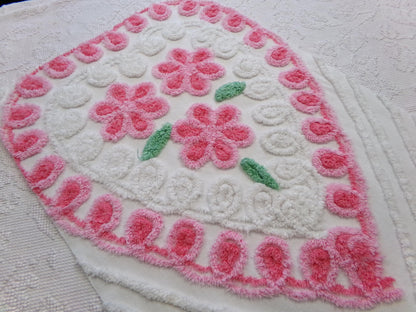 big pink heart vintage chenille fabric, popular floral center pattern, 16" x 26" piece of sewing material for quilting, crafts