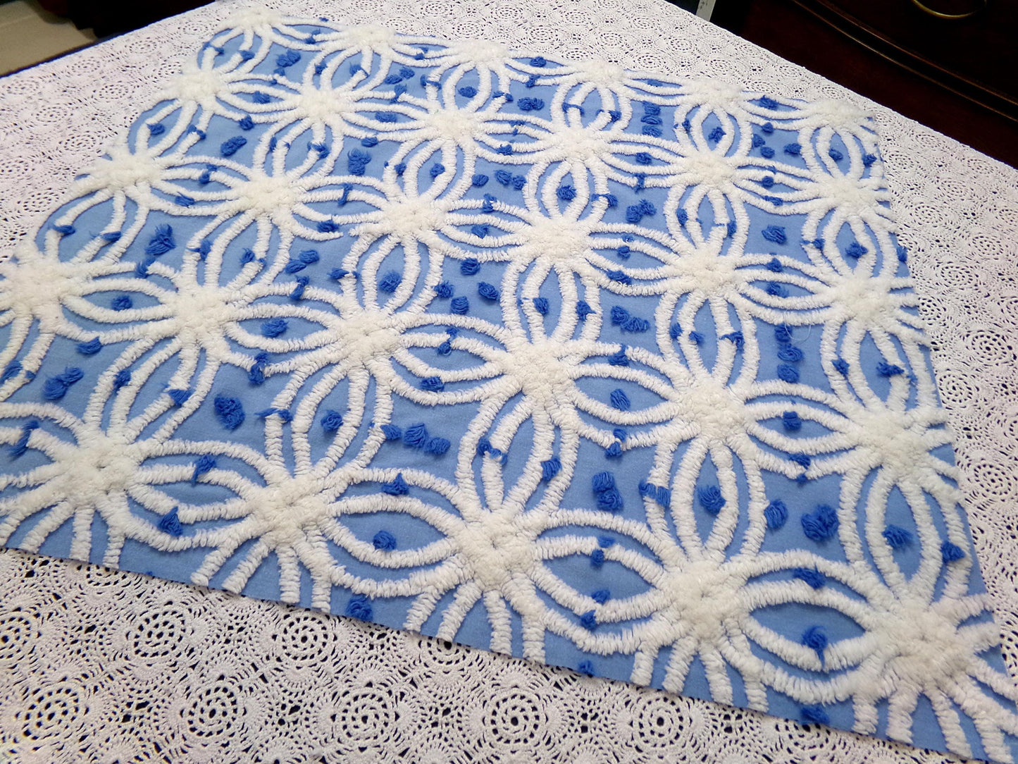 serene blue & white vintage chenille fabric, 19" x 23" cotton quilt material