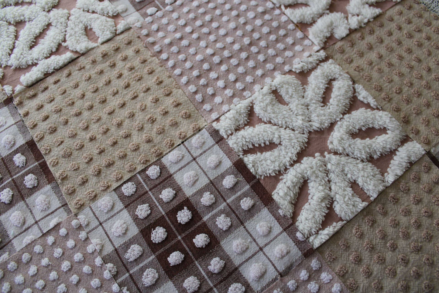 Cozy Mocha Chenille Quilt Squares Set, from Vintage Bedspread Fabric, 16 Blocks, 6" x 6" inches each, Pops & Daisies
