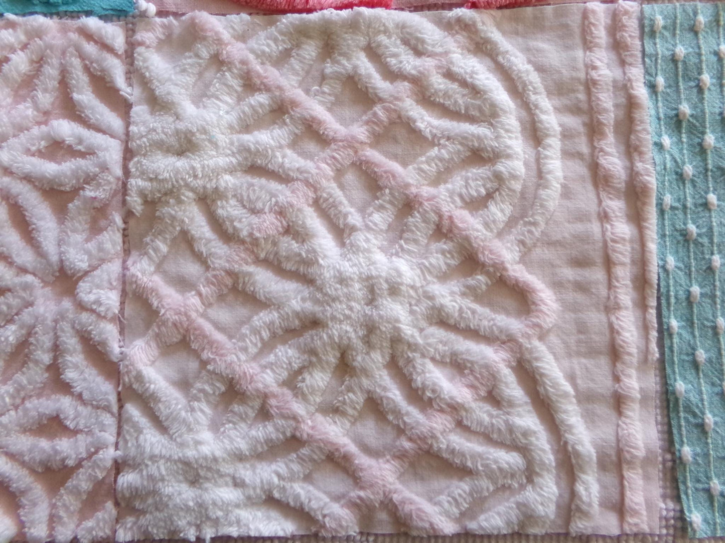 chenille fabric squares, set of 6 large 9.5" square quilt blocks from vintage chenille bedspreads, pretty daisy, plush floral, dots