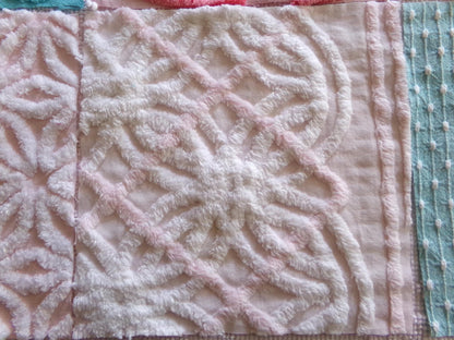 chenille fabric squares, set of 6 large 9.5" square quilt blocks from vintage chenille bedspreads, pretty daisy, plush floral, dots