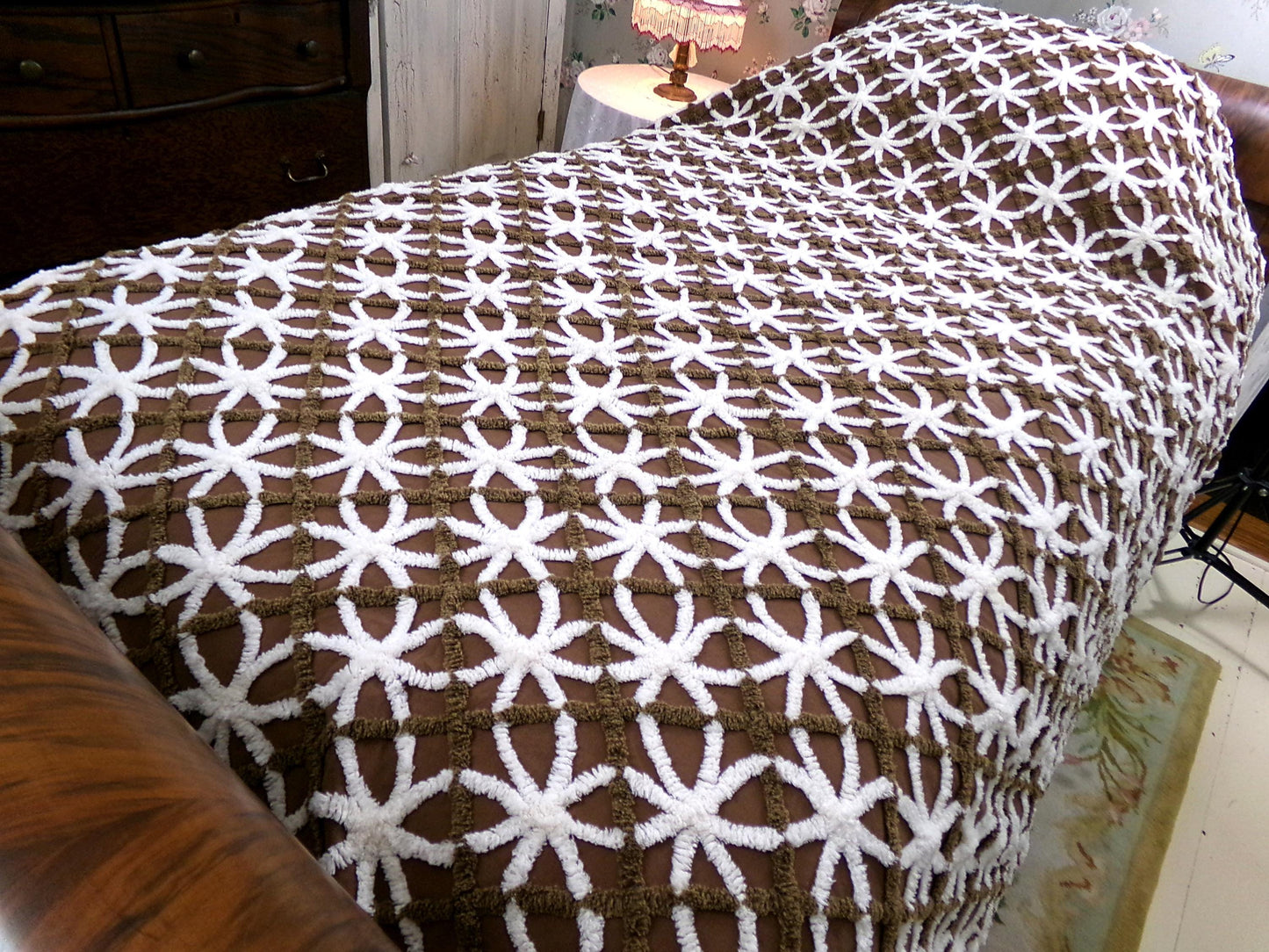 Vintage Chenille Bedspread: Chocolate Cookies Brown Full Size Cotton Bedding