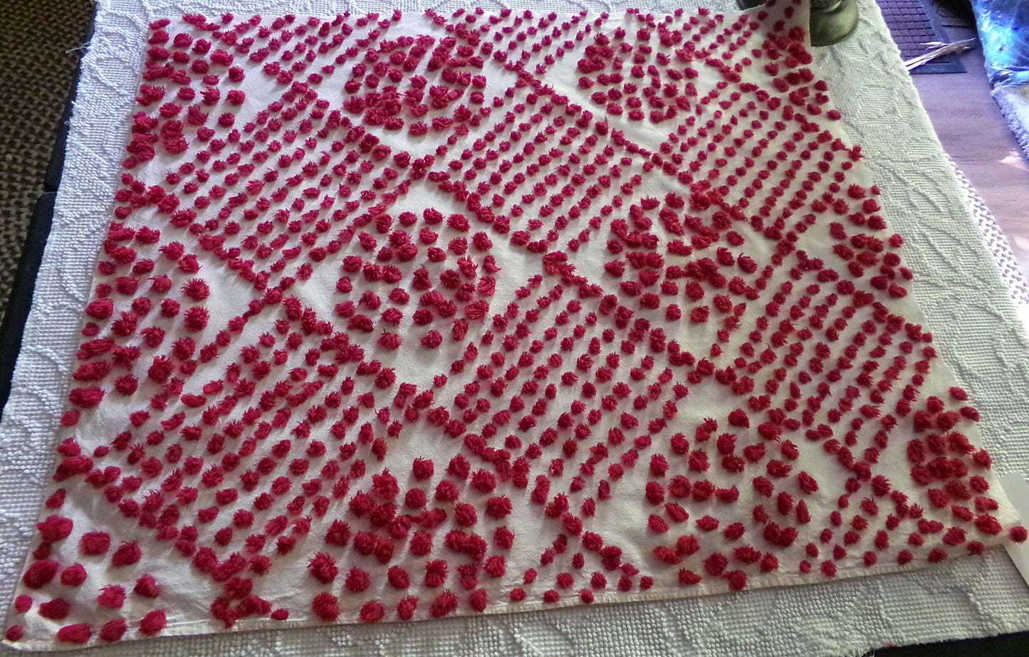 Magical "Ruby Slippers" Red Antique Chenille Fabric, 21" x 26" inch Piece, Vintage Handtuft Diamond Circle Puffs in Red Wine on White Cotton