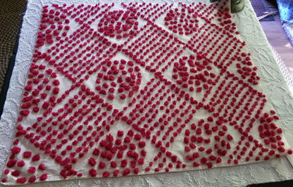 Magical "Ruby Slippers" Red Antique Chenille Fabric, 21" x 26" inch Piece, Vintage Handtuft Diamond Circle Puffs in Red Wine on White Cotton