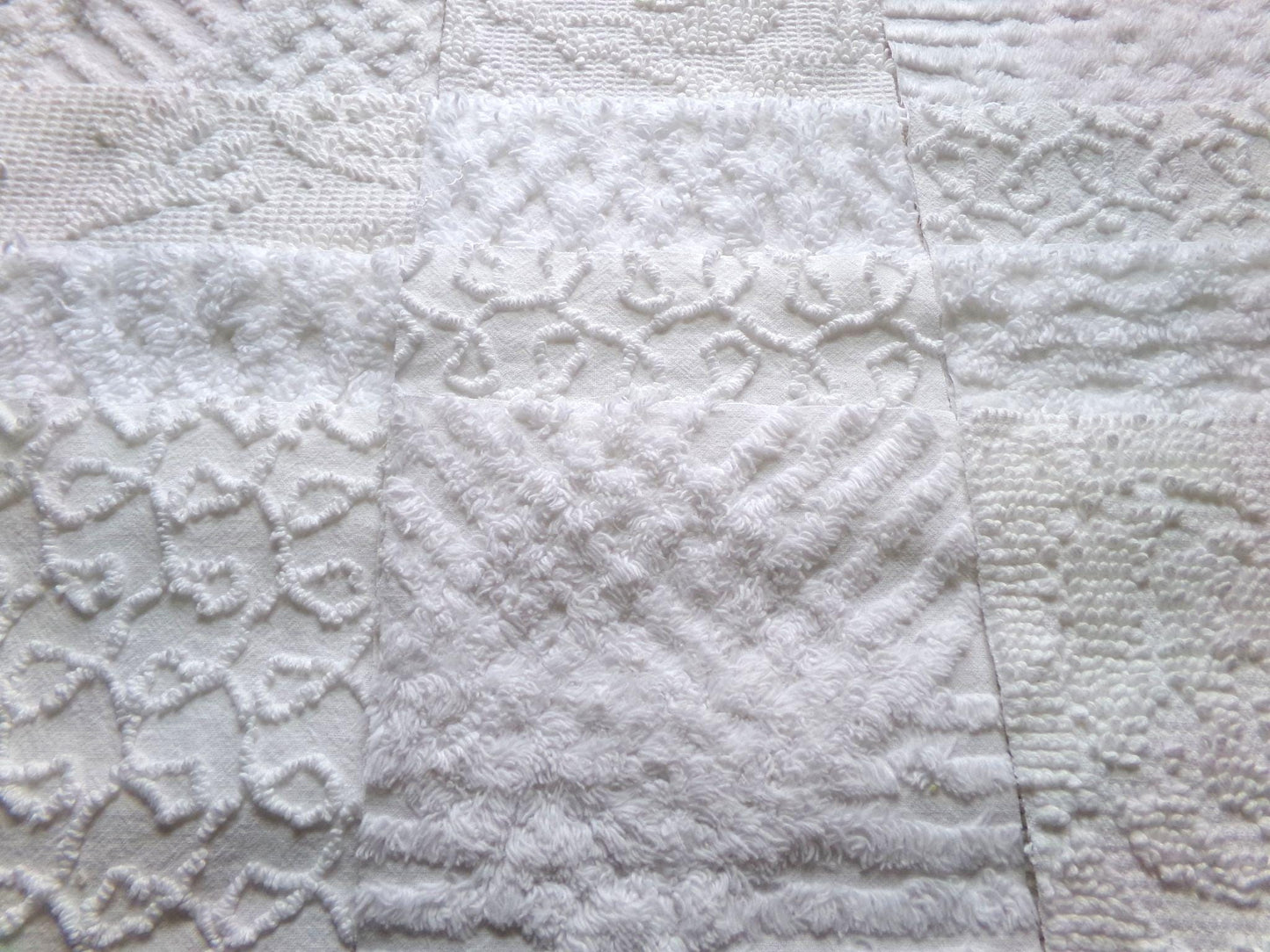 white vintage 6" chenille squares, set of 12 quilt blocks in a classic selection of popular patterns for sewing & crafts