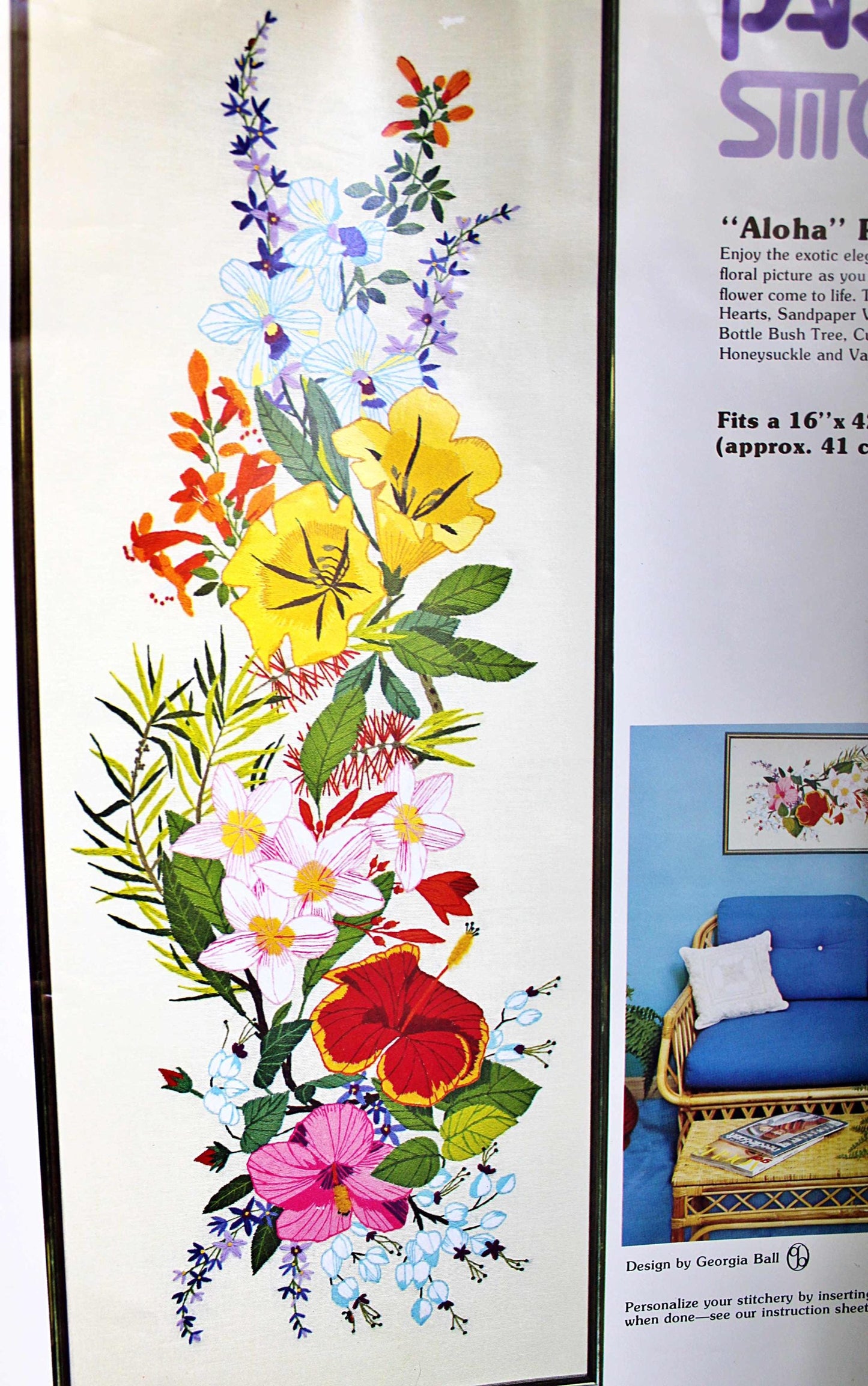 Hawaii ALOHA Crewel Embroidery Kit Vintage Paragon Stitchery 0101 Large Tropical Floral Wall Hanging