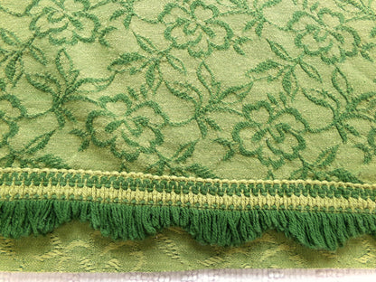 grecian green rose vintage woven fabric, gothic floral design w/ scallop fringe trim edge, 19" x 24" cut piece great for small bags