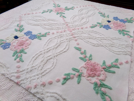Pastel Pink White Floral Vintage Chenille Fabric Cottagecore Sewing Material 23" x 22"