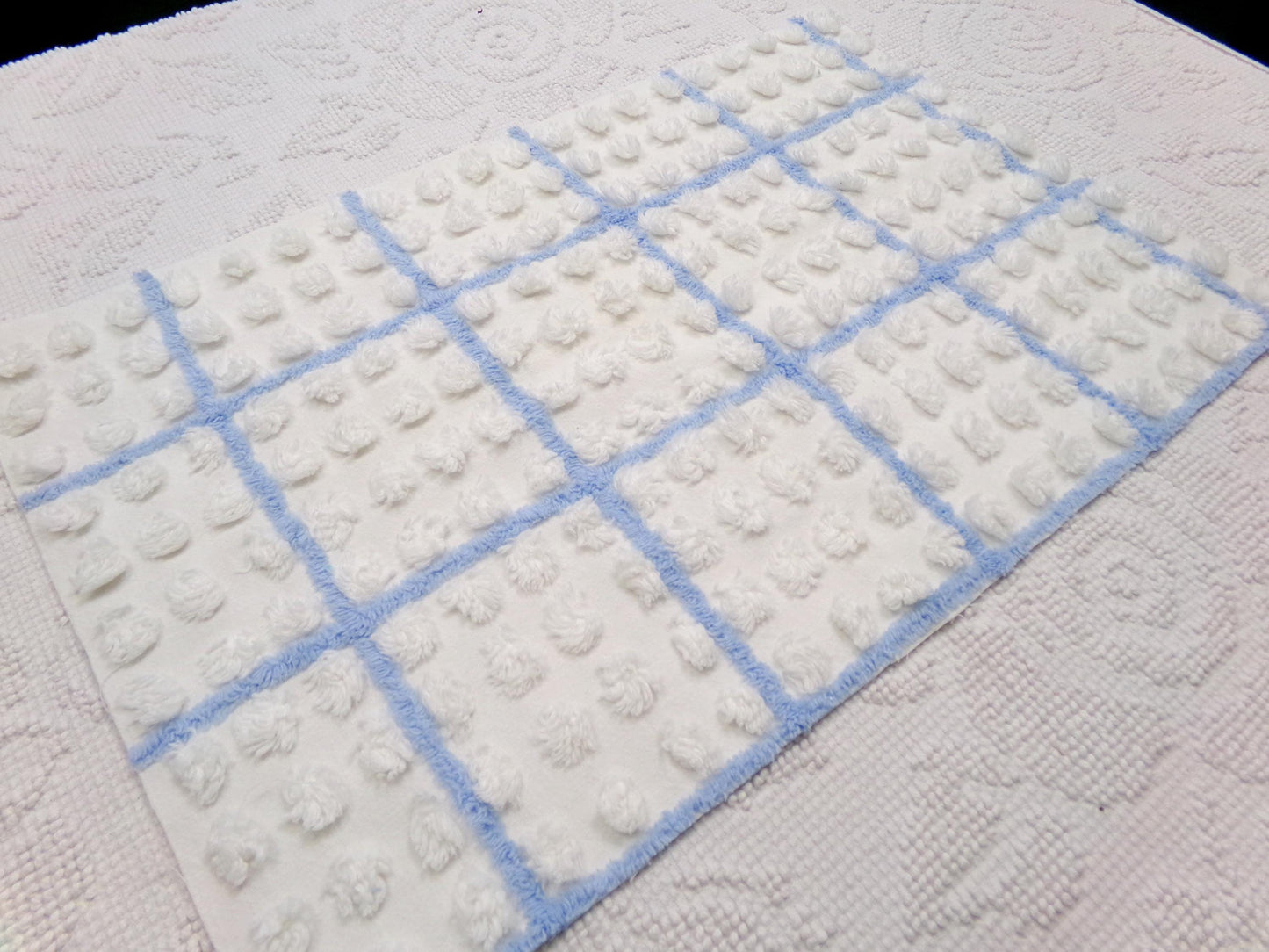 coastal blue & white vintage chenille fabric, puffy textured pops, 12" x 18" cut piece