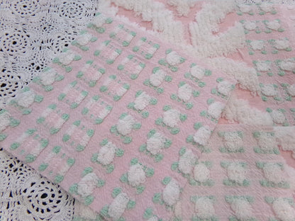 Vintage Chenille Quilt Squares, Pink Green, White 6" Fabric Blocks, Set of 17 for Quilting & Crafts