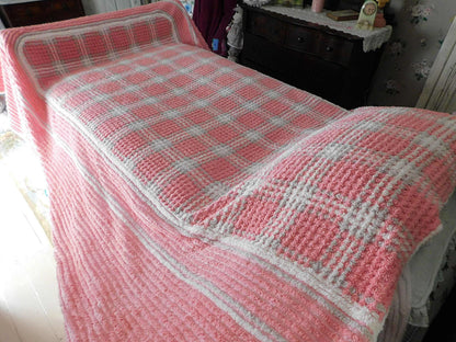 Girl Power Sassy Pink Vintage Chenille Bedspread, Grey & White Plaid, 100% Plush Cotton, TWIN Size
