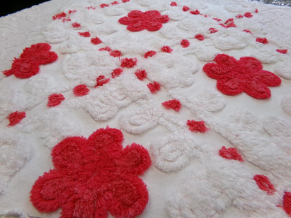 Roses in Snow Vintage Chenille Fabric, Red & White Plush Swirl 18" x 21" Inch Piece