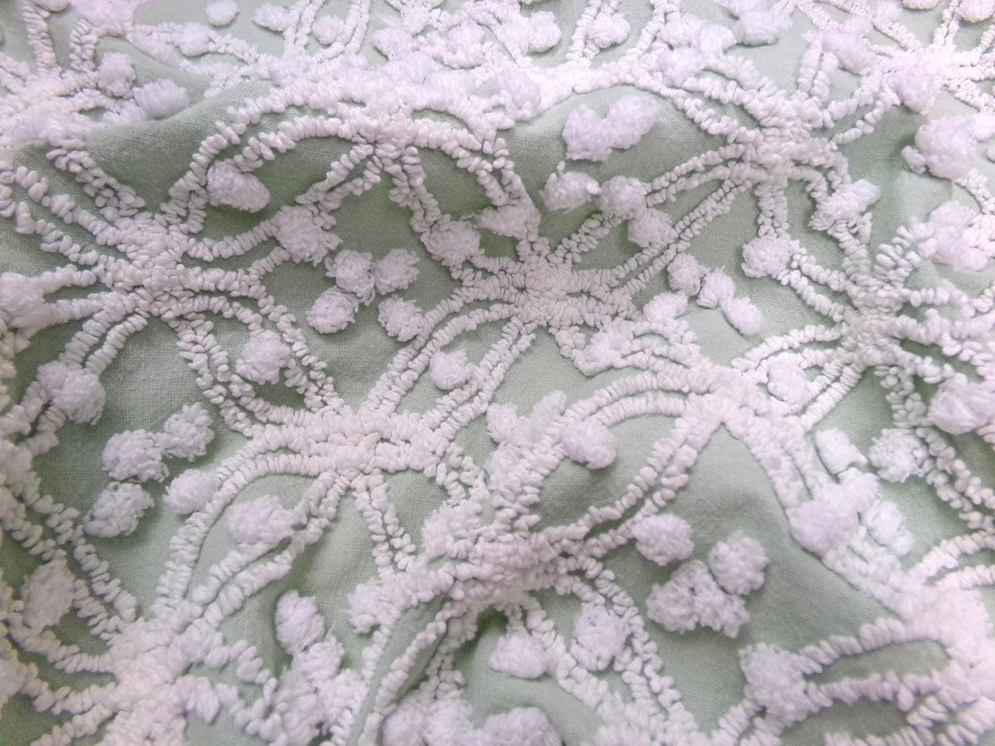 Vintage Sage Green Chenille Bedspread Fabric, Shabby Wedding Ring Pop 18x24" Quilting Material