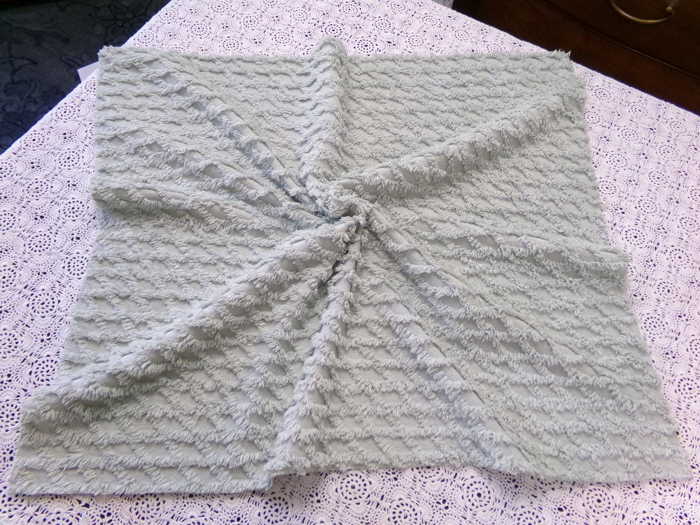Calming Sage Vintage Chenille Bedspread Fabric Green Diamond Lattice 20x24"