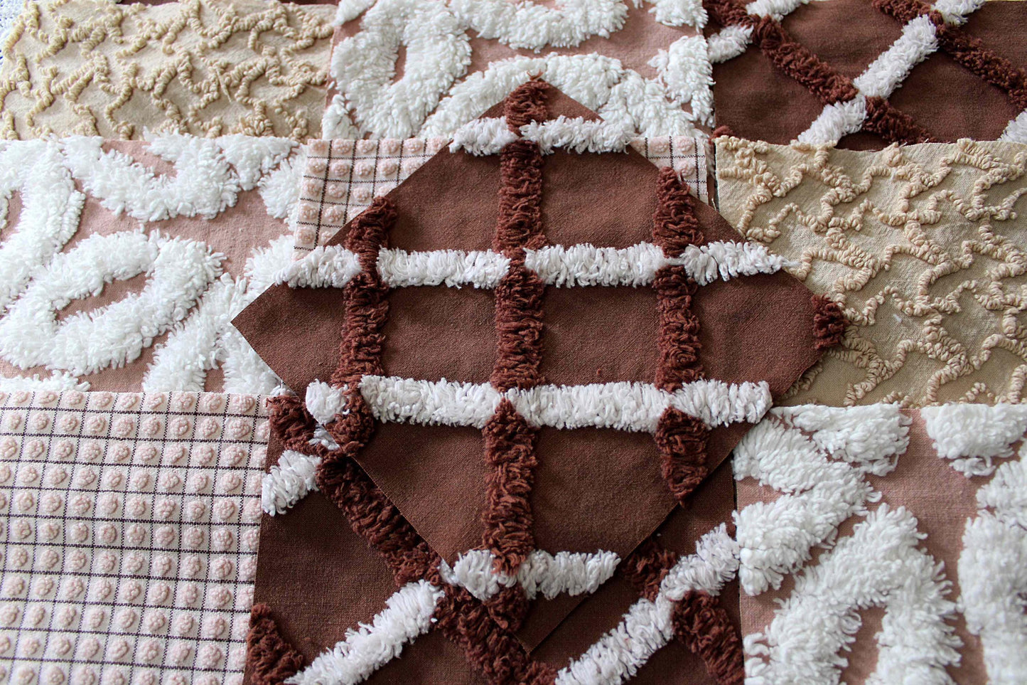 boho browns chenille fabric squares, 16 vintage quilt blocks, 6" x 6" inches ea, great for hippie inspired craft projects