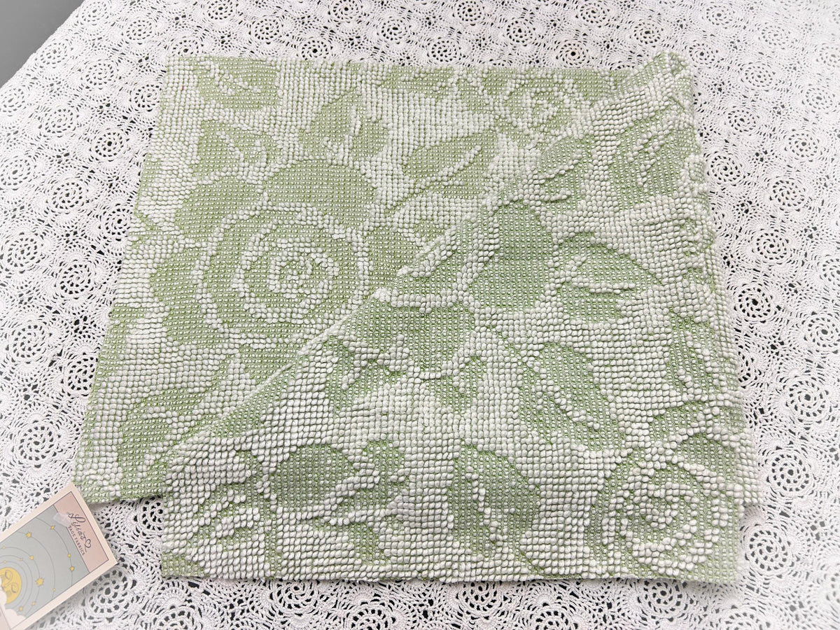 Vintage Sage Green Chenille Fabric, White Cabbage Rose 25x30" Pc