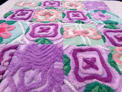 fabulous flowers vintage chenille fabric squares, set of 16 lavender green quilt blocks 6" ea