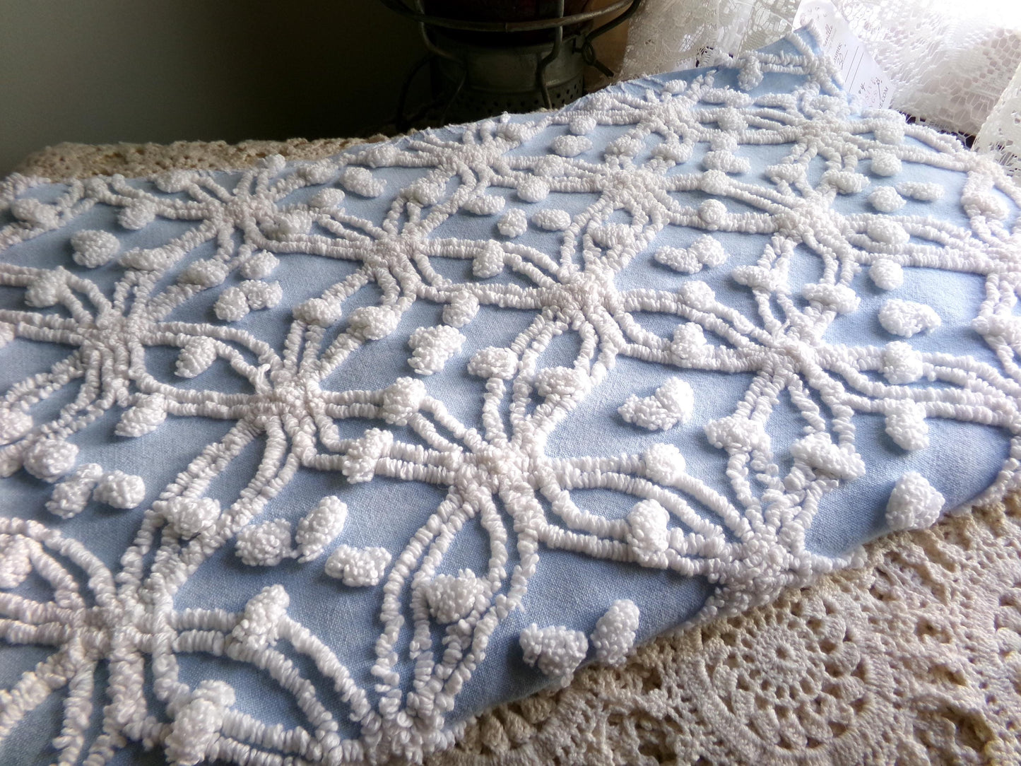 Popular Coastal Blue Vintage Chenille Fabric: White Wedding Ring Pop Design, 24" x 18" Piece, Great in Pillows & Chenille Quilts