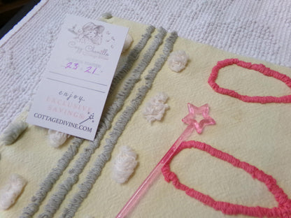 doodle dots vintage chenille bedspread fabric, yellow & red quilt sewing material, 23" x 21" piece