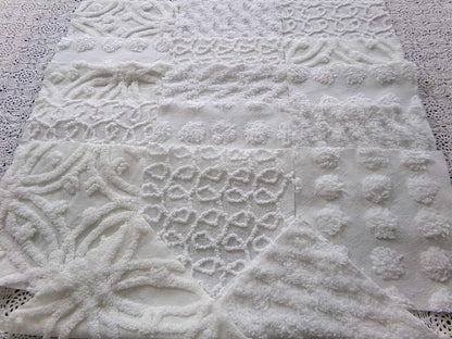 Weathered Whites Vintage Chenille Fabric Squares, 17 Blocks, 6" x 6" inch, Neutral Shades of Classic White