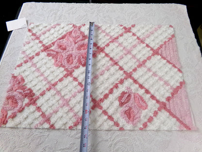 white & pink rose vintage chenille bedspread fabric, cottage chic quilt material, 18" x 25" piece