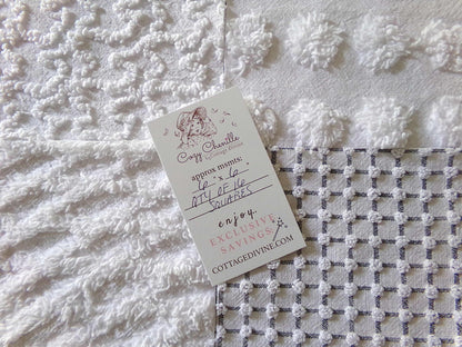 Snowstorm White Vintage Chenille Fabric Squares, Diamond Ice, Coin Pop, Squiggle & Micro Grid, Set of 16 Quilt Blocks, 6" x 6" inch each