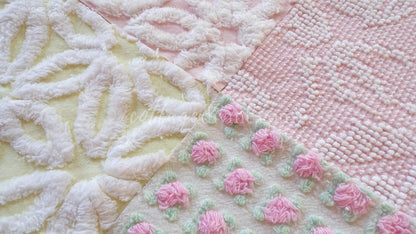 Chenille Fabric Squares Set, "Spring is in the Air", from Vintage Bedspread Fabrics, 16 Quilt Blocks, 6" inch, Cottage Pink, Yellow & White