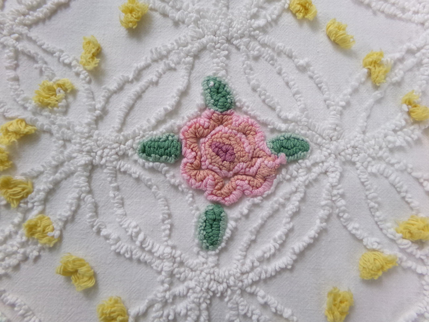 Pink Rose Vintage Chenille Bedspread Fabric, cottage chic sewing craft quilt material, 20" x 20" piece