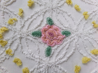 Pink Rose Vintage Chenille Bedspread Fabric, cottage chic sewing craft quilt material, 20" x 20" piece