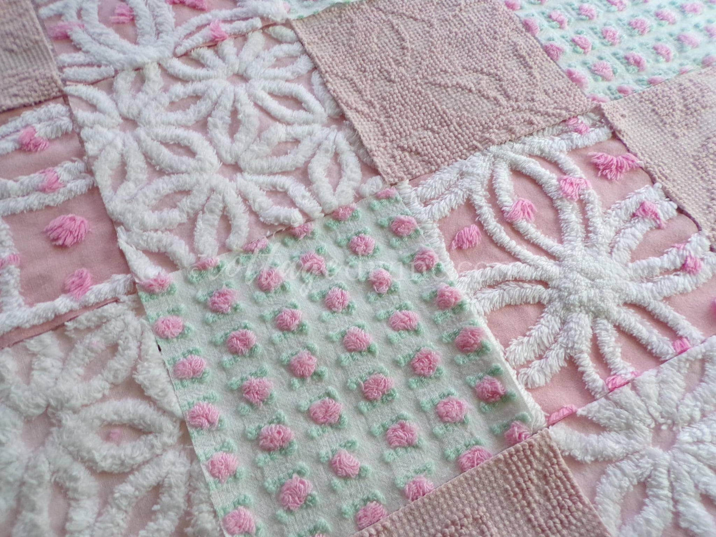 angel pink vintage chenille fabric squares, rosebuds, daisy patterns, set of 16 quilt blocks, 6" x 6" each, pretty in patchwork pillows