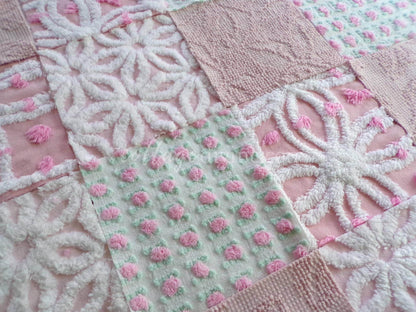 angel pink vintage chenille fabric squares, rosebuds, daisy patterns, set of 16 quilt blocks, 6" x 6" each, pretty in patchwork pillows