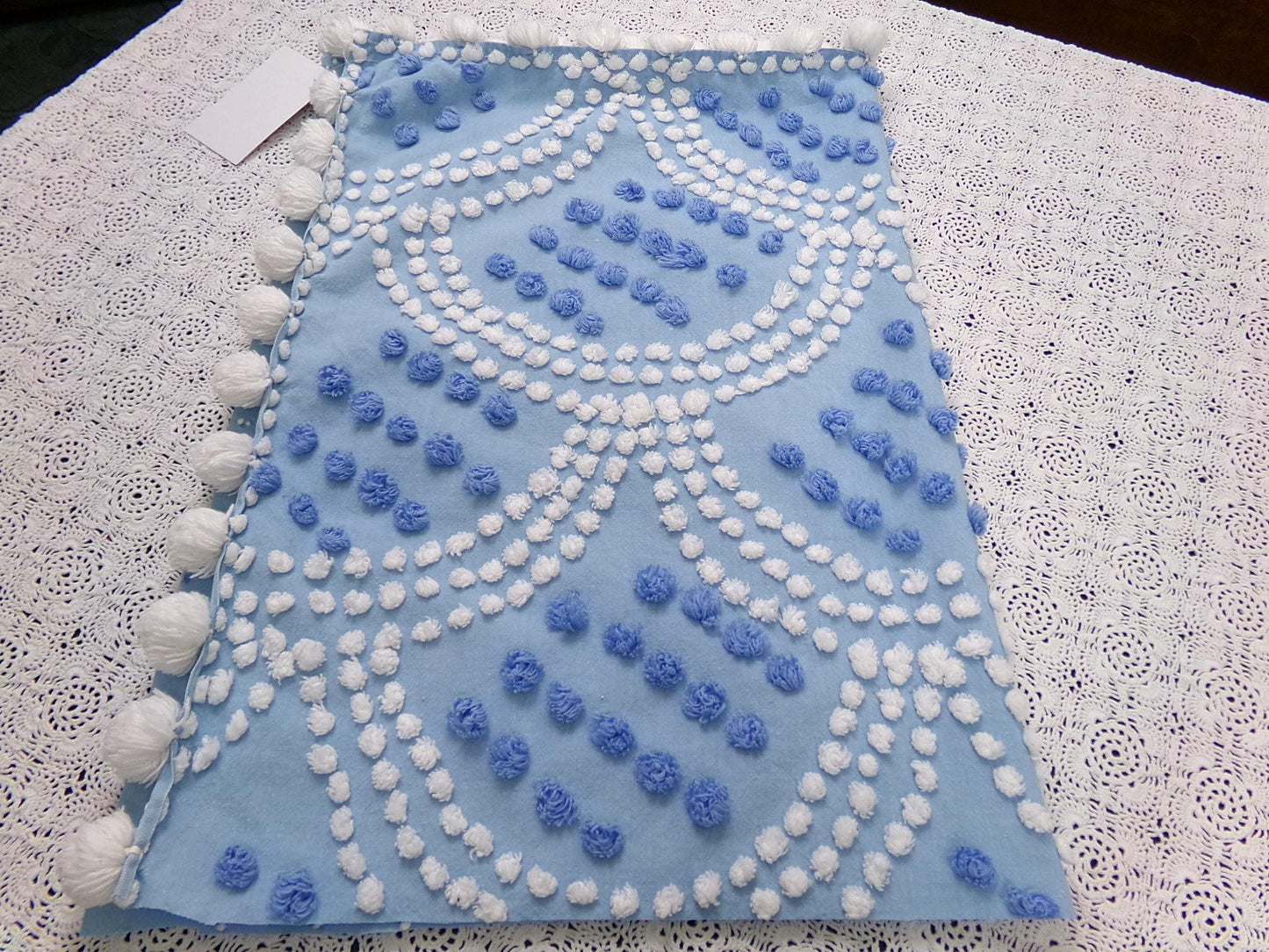 Mermaid Tails Vintage Chenille Bedspread Fabric Blue & White Piece 19x27"