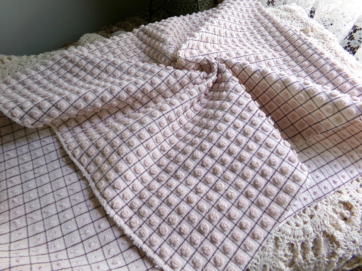 Micro Mocha Pops Vintage Chenille Fabric, Neutral Chocolate Grids, 24" x 20" Piece, Cute material for quilts, pillows, bags, doll clothes