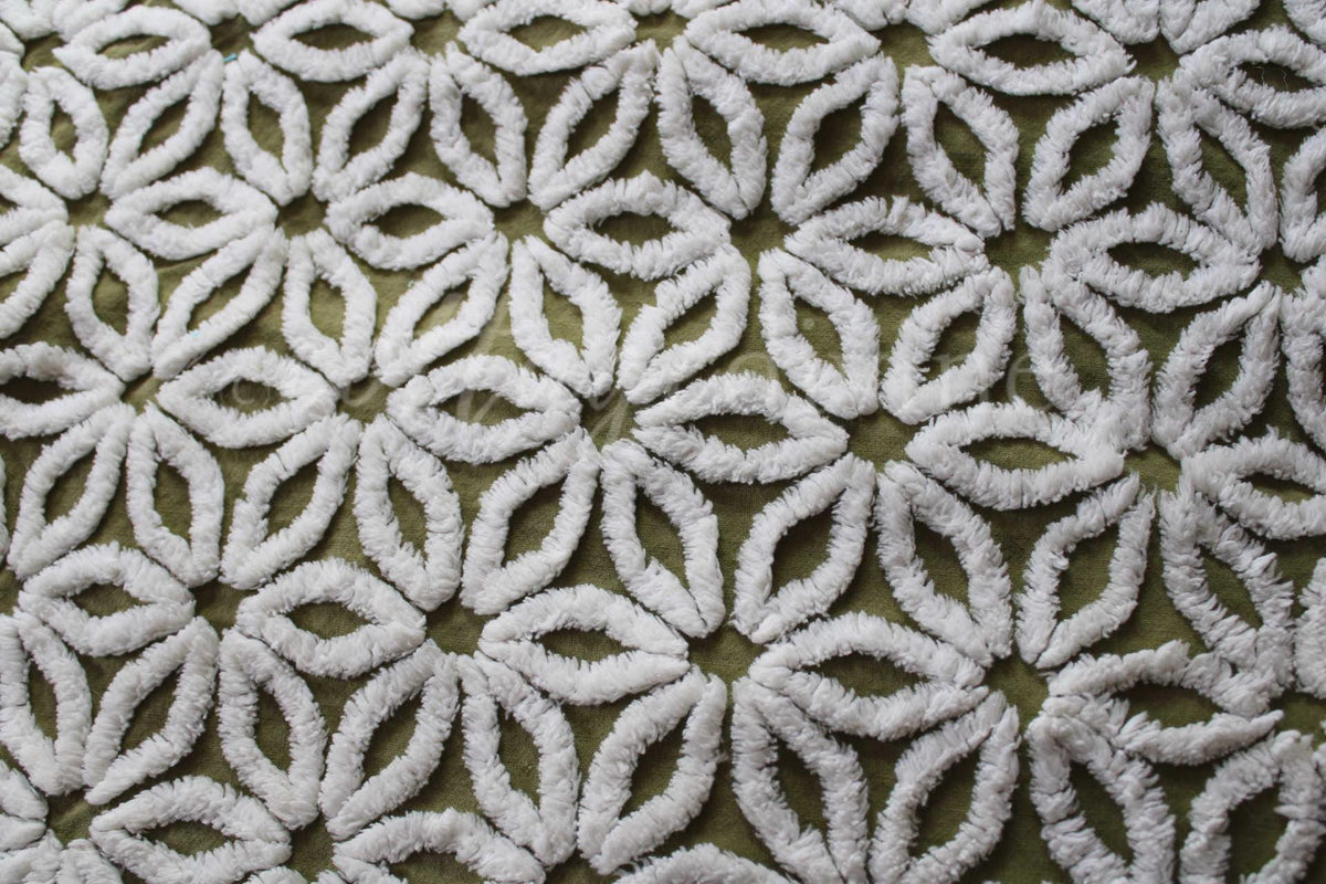 Boho Olive Green Vintage Chenille Fabric, High Contrast White Daisy 18x24" Pc