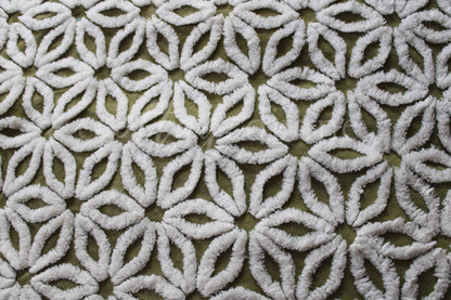 Boho Olive Green Vintage Chenille Fabric, High Contrast White Daisy 18x24" Pc