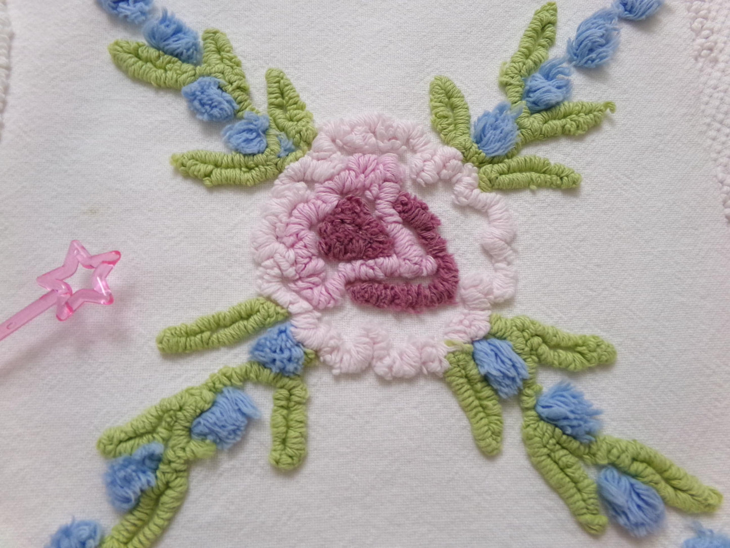 Shabby Coastal Vintage Chenille Fabric, Blue & White Floral Sewing Material 21" x 23" Piece