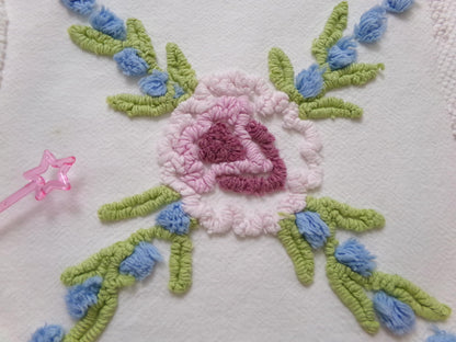 Shabby Coastal Vintage Chenille Fabric, Blue & White Floral Sewing Material 21" x 23" Piece