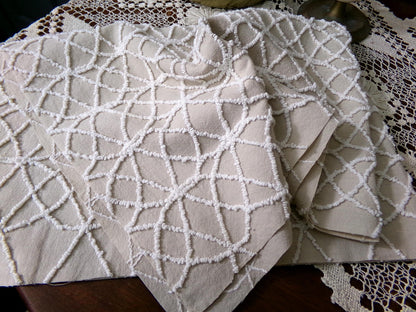 Neutral Mocha Vintage Chenille Fabric, Petite Tufted White Wedding Ring Design 18" x 24"