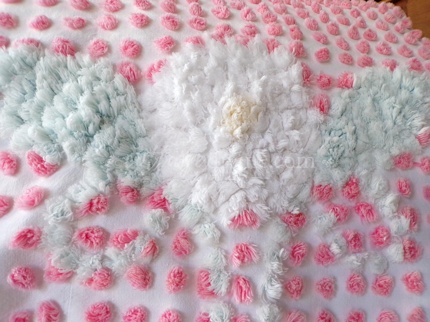 Cupcake Pink Pops Vintage Chenille Fabric, 21" x 28" inch antique handtufted floral cut piece, Beautiful in DIY Pillows
