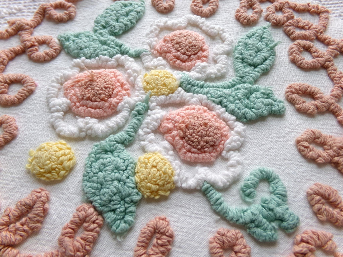 vintage chenille bedspread fabric, natural boho floral 20" x 20" piece sewing material