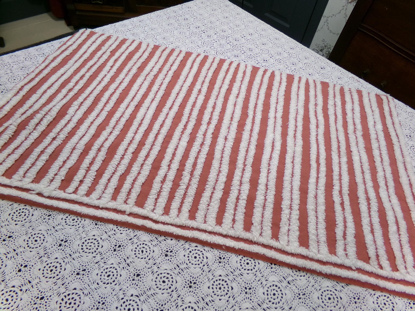 White Stripe Vintage Chenille Bedspread Fabric Terracotta Clay 16.5 x 27" Piece