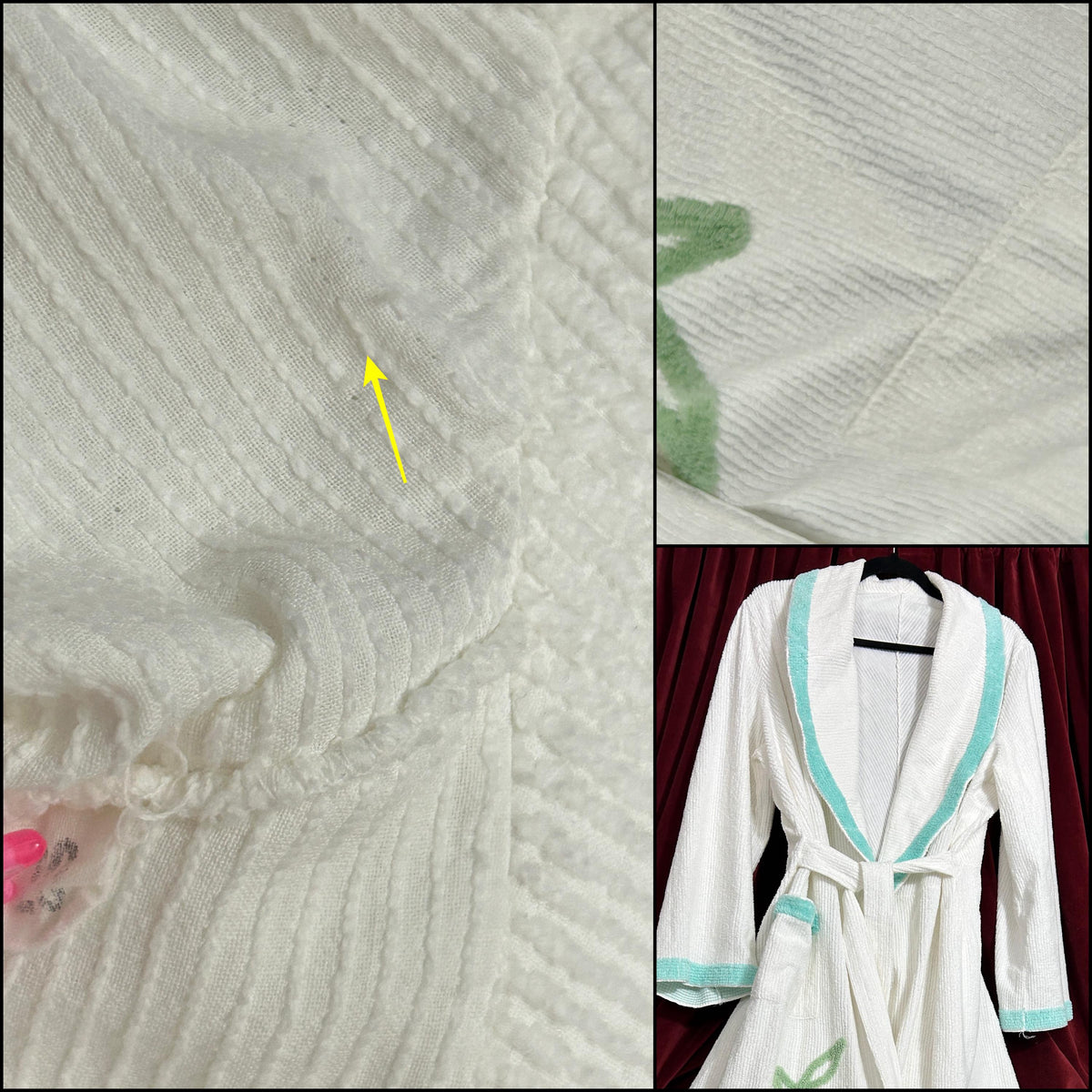 Vintage Chenille Robe White with Aqua Floral Tufting, Full Length Women’s S Bathrobe