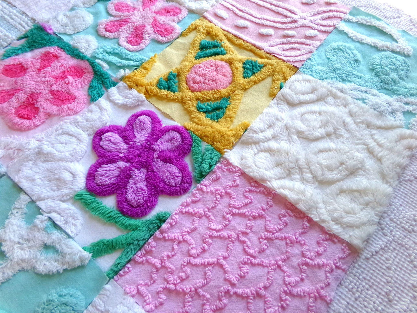 funky flowers 6" chenille squares, colorful mixed set of 16 quilt blocks rotary cut from vintage chenille bedspread fabrics