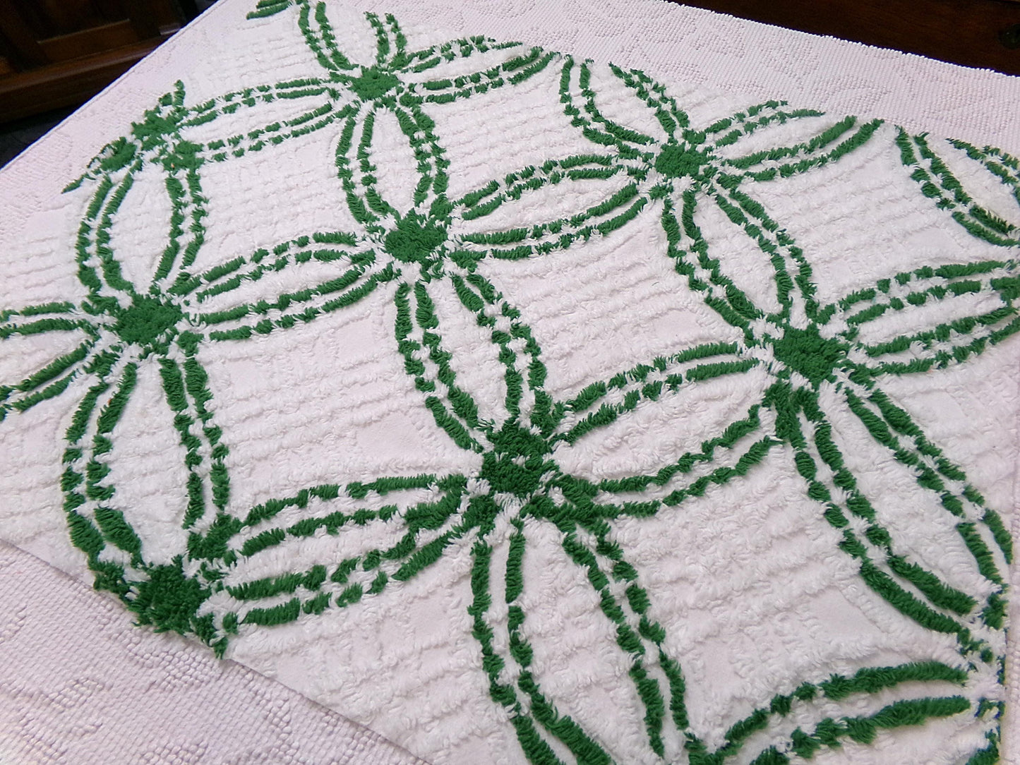 Vintage Green White Chenille Fabric Piece, Interlocking Geometric 18x24" Quilt Material