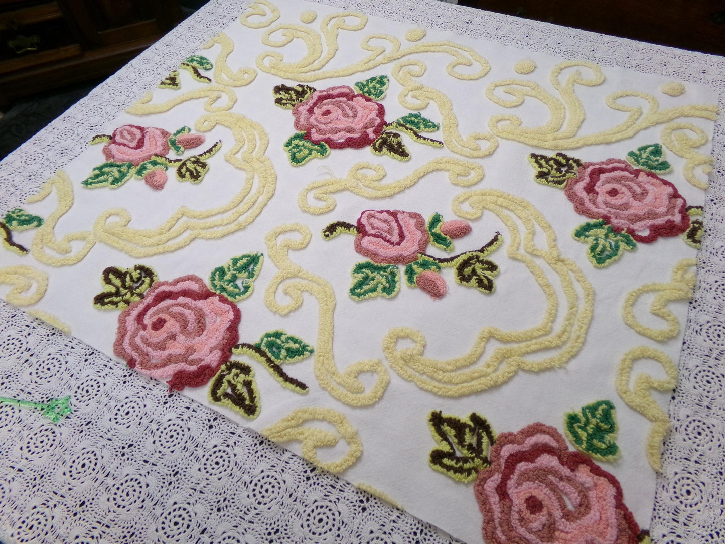 Shabby Pink Rose Vintage Chenille Fabric Dramatic Scrollwork Sewing Quilt Material 25" x 23"