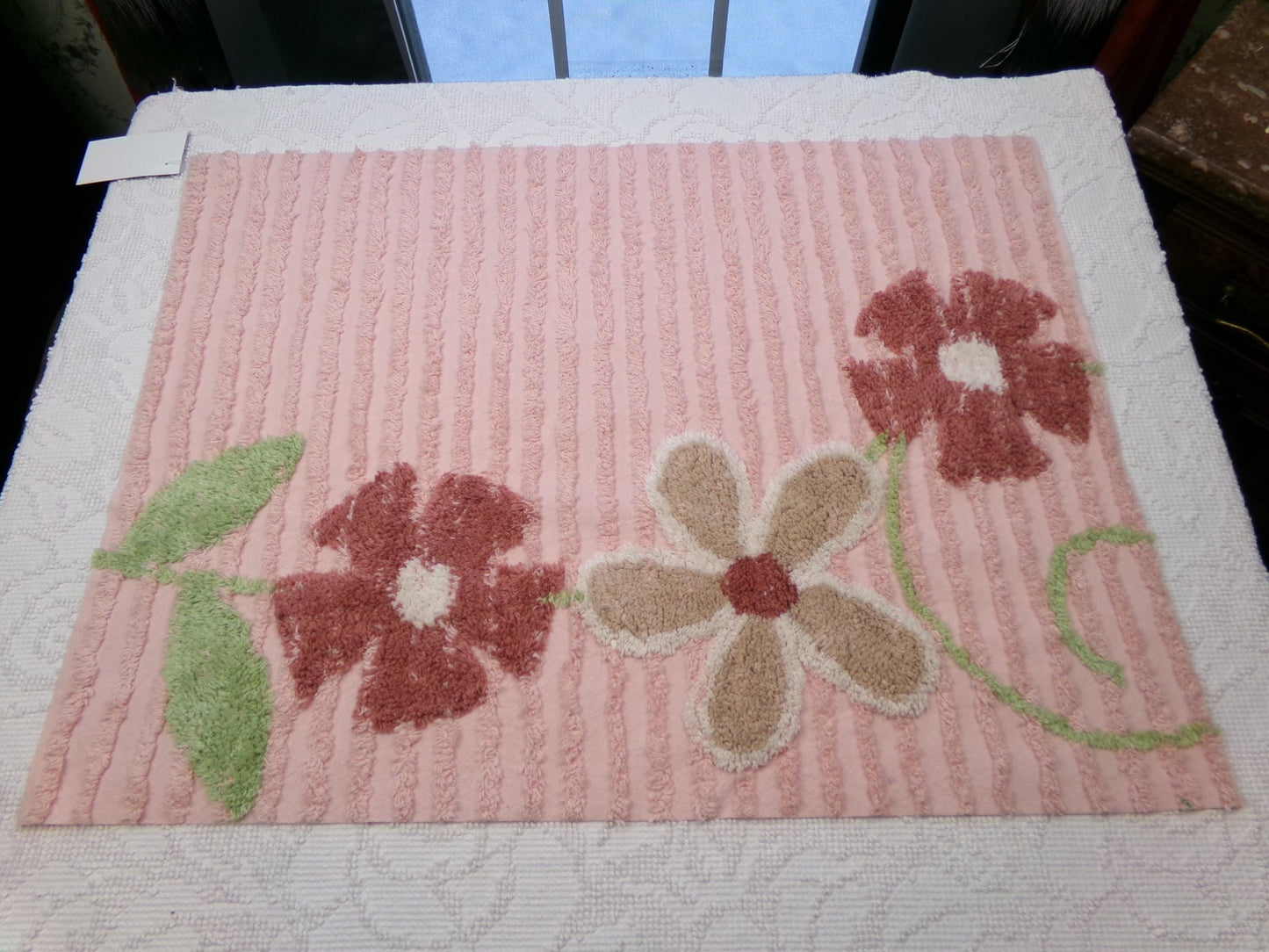 Vintage Chenille Bedspread Fabric, Pink Tufted Climbing Florals, 20" x 26" piece