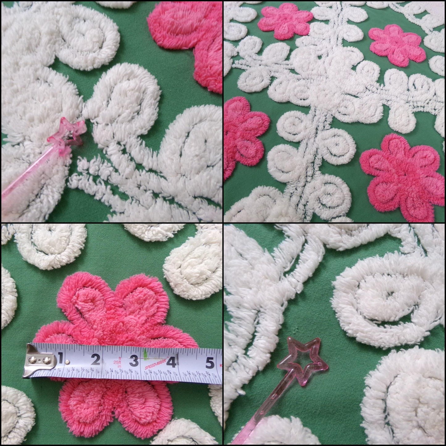 Vintage Chenille Bedspread Fabric, evergreen pink rose white swirl sewing craft quilt material, 20" x 24" piece